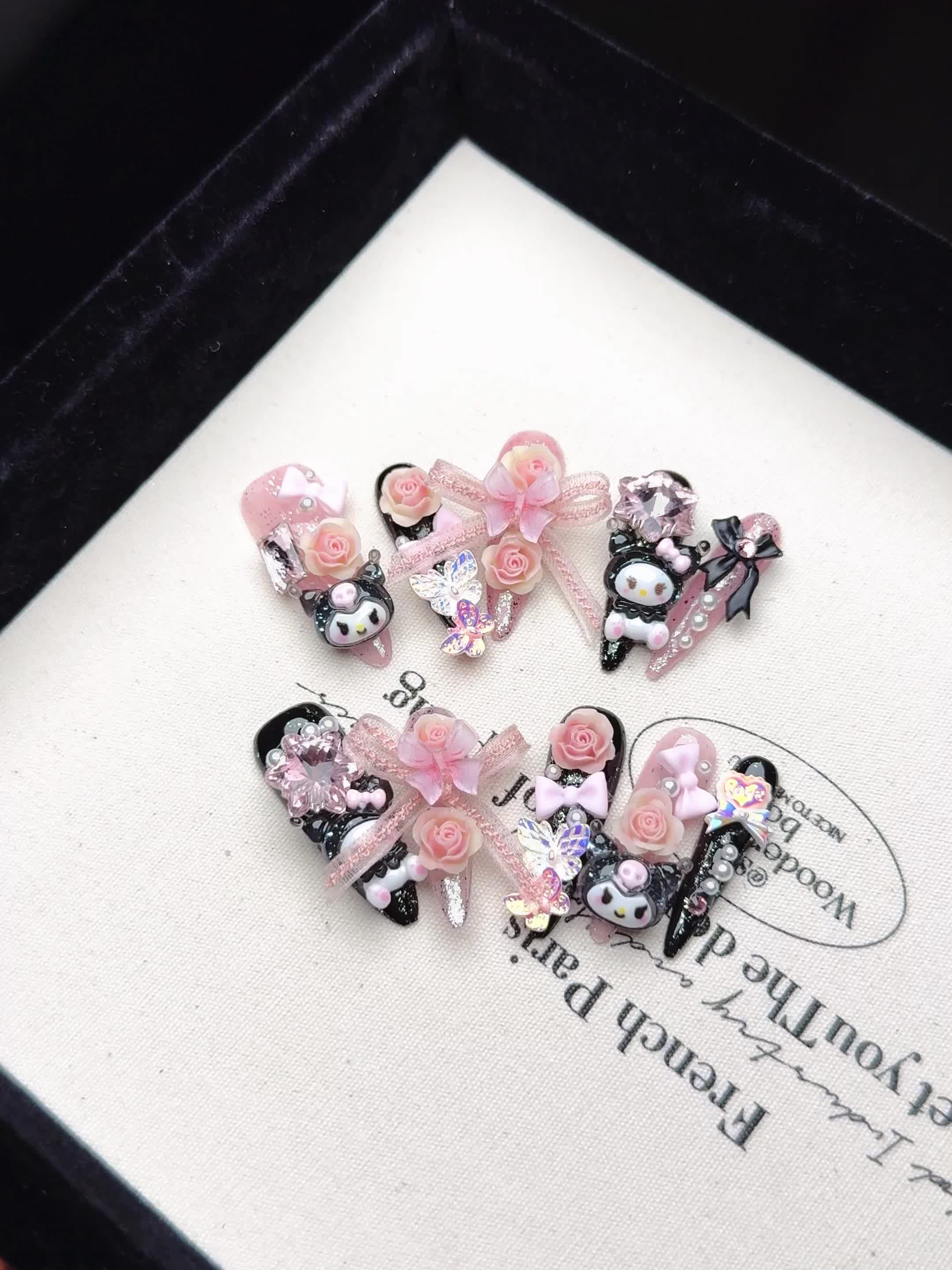 Sanrio for kuromi Long Press-On Nails - 10pcs Almond Shape Glossy Black & Pink Floral & Cartoon Design with Rose Bows