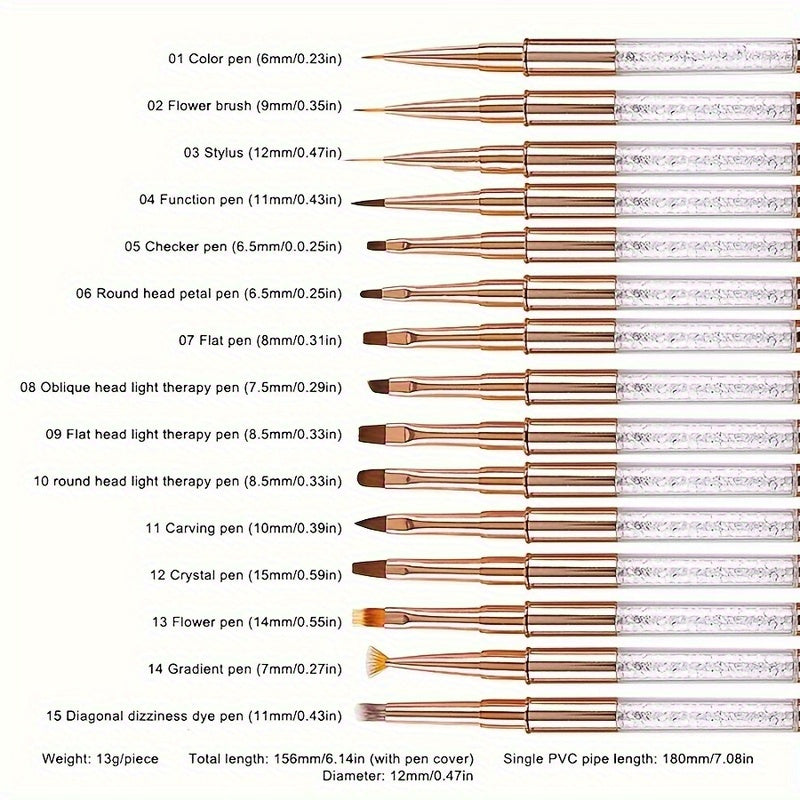 Rose Golden Diamond-Handled Nail Brush Set, Drawing Line Contours, Brushing Delicately, Suitable for Beginners to Use