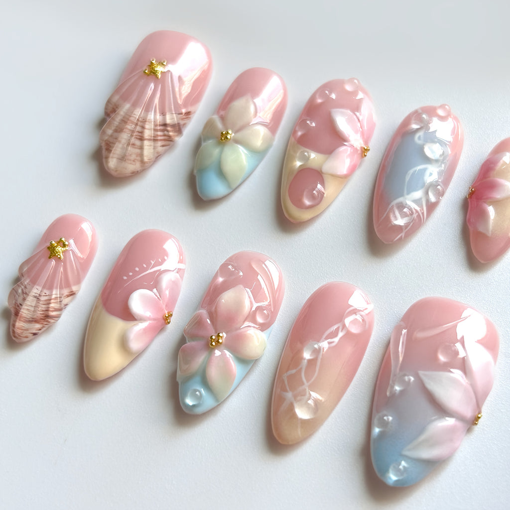 10pcs 3D Handmade Press On Nails Almond Shape - Summer Vacation Floral Design with Pink & Blue Ombre Glossy Finish