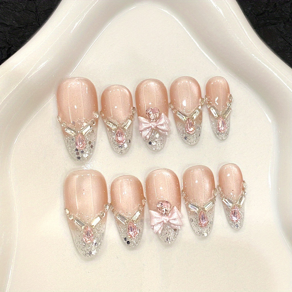 10pcs Handmade False Nail Set 90# Princess Dress Up Bow Diamond Cat'S Eye Shiny Nail Art Medium Oval Cat'S Eye Simple Wearable Nail Art Set Removable Nail Art