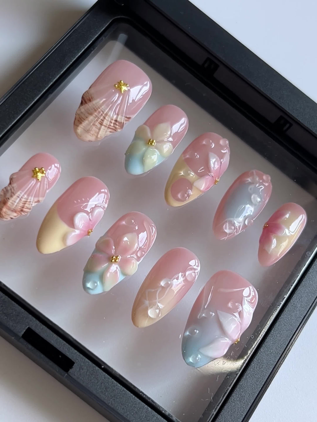 10pcs 3D Handmade Press On Nails Almond Shape - Summer Vacation Floral Design with Pink & Blue Ombre Glossy Finish