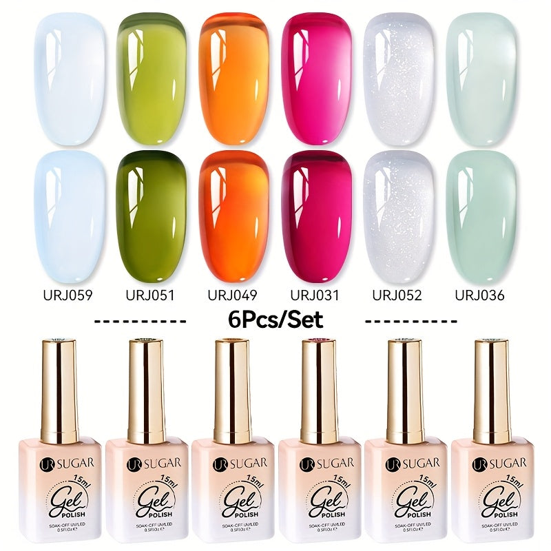 URSUGAR Nude 6-Color Gel Nail Polish Set Alcohol-Free Shimmering Clear Jelly Gel for Manicure DIY Design Perfect for Holiday Gift Nail Art Supplies Nude Nail Polish Jelly Gel Texture Nail Polish Set