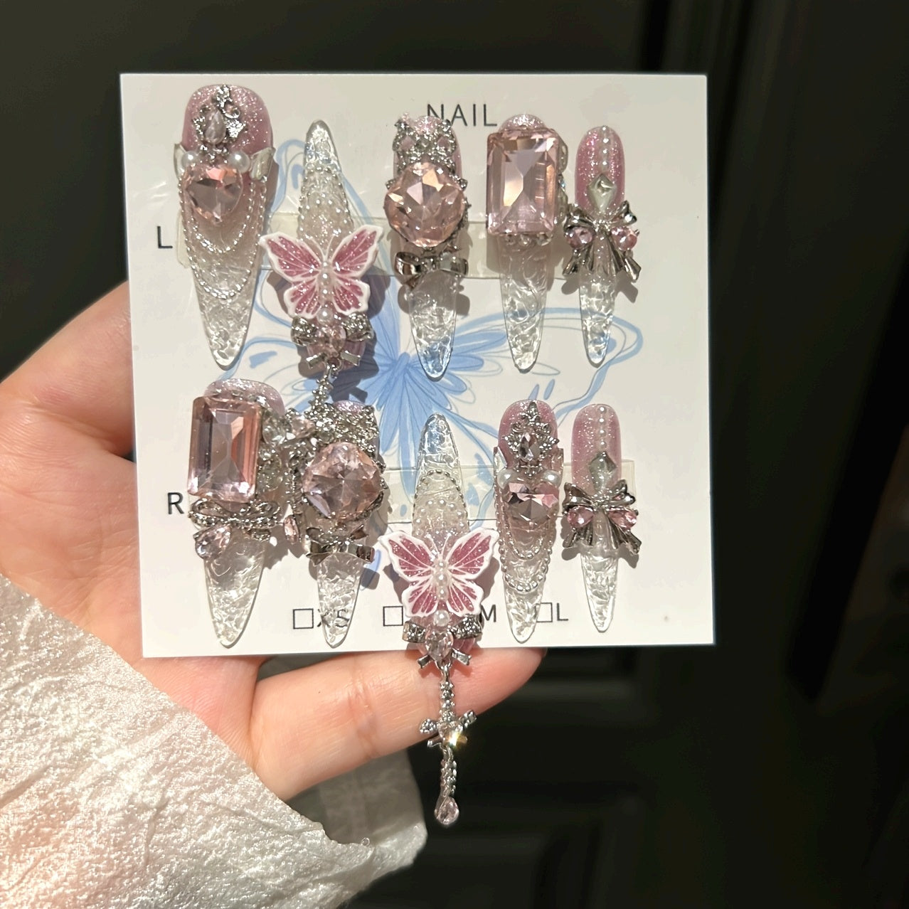 Butterfly Press-On Nails 10pcs Super Long Handmade Press-On Nails | Teardrop Shape, Strobe Finish with Sparkling Butterfly & Floral Patterns