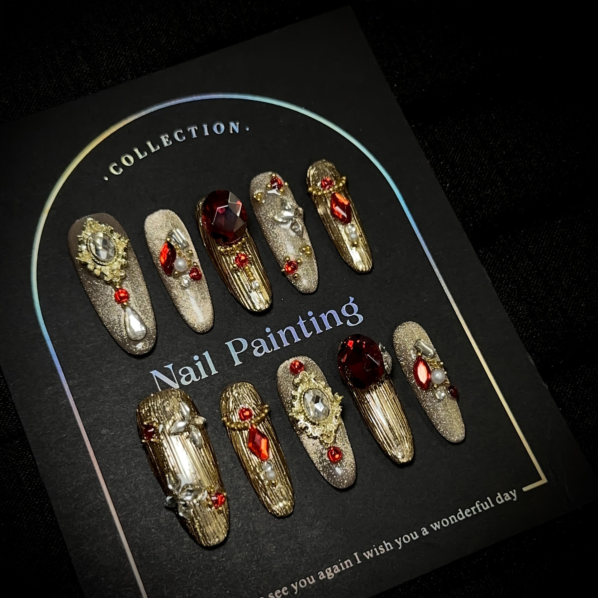 10pcsHandmade Wearing Armor, Golden Cat Eye Heavy Industry, Red Sparkling Glitter Nail Art