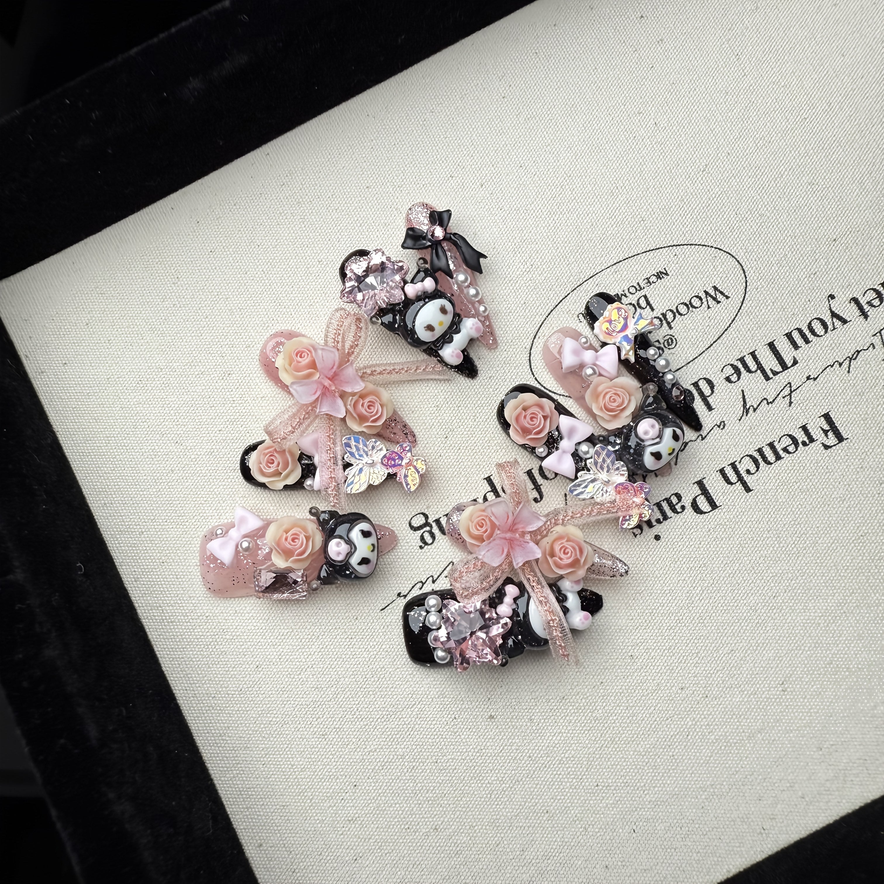 Sanrio for kuromi Long Press-On Nails - 10pcs Almond Shape Glossy Black & Pink Floral & Cartoon Design with Rose Bows