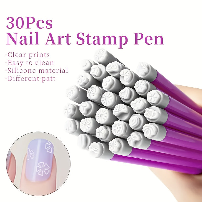 30pcs Silicone Nail Art Stamps - Floral & Butterfly Designs, Formaldehyde-Free, Easy-Clean