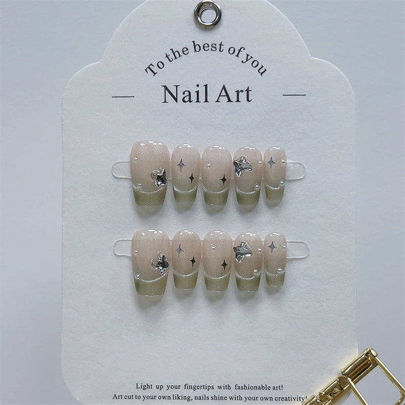 Handmade Press-On Nails - Butterfly Dance Design, Short Ballet Shape with Glossy Pink & White Glitter Accents