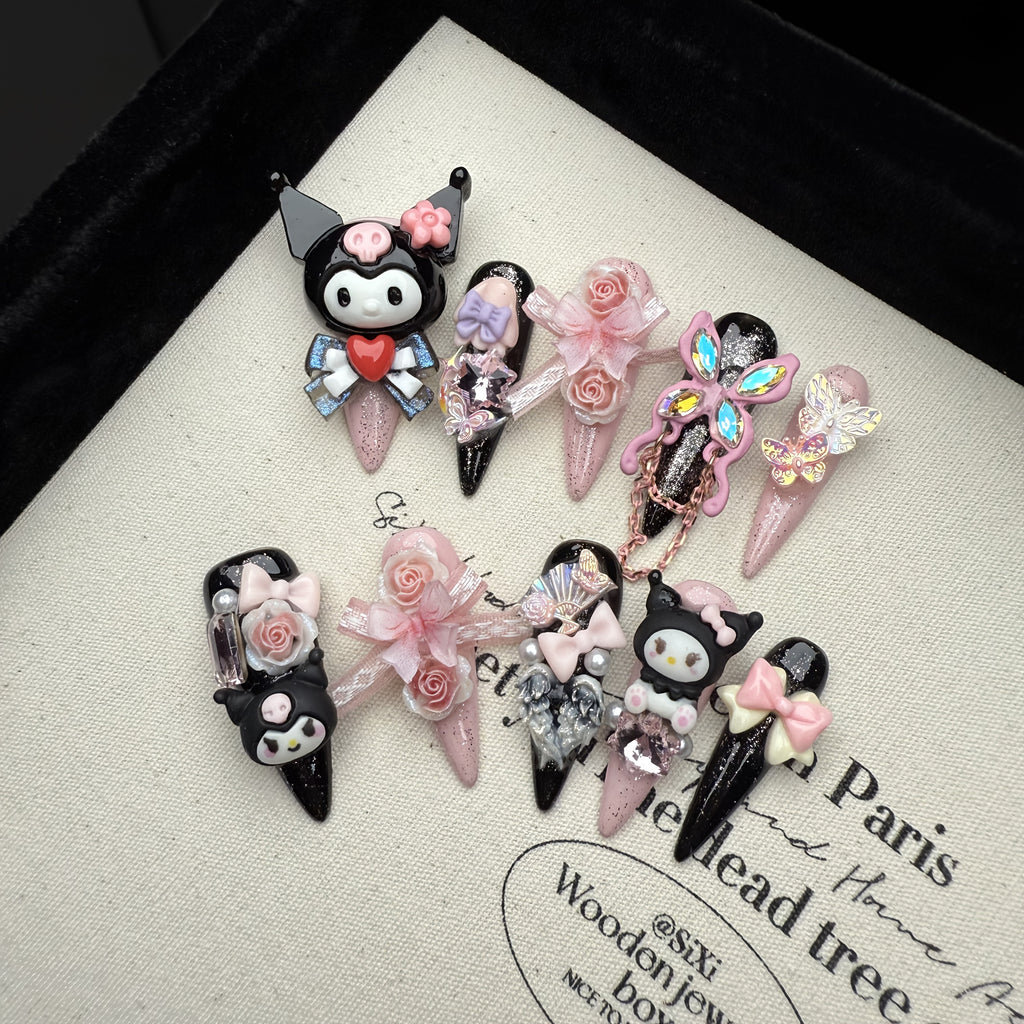 Sanrio New for kuromi 6.0 10pcs of Pure Handmade Wearable Nails, Full of And Flashes, Long Nail Art Fake Nail Patches