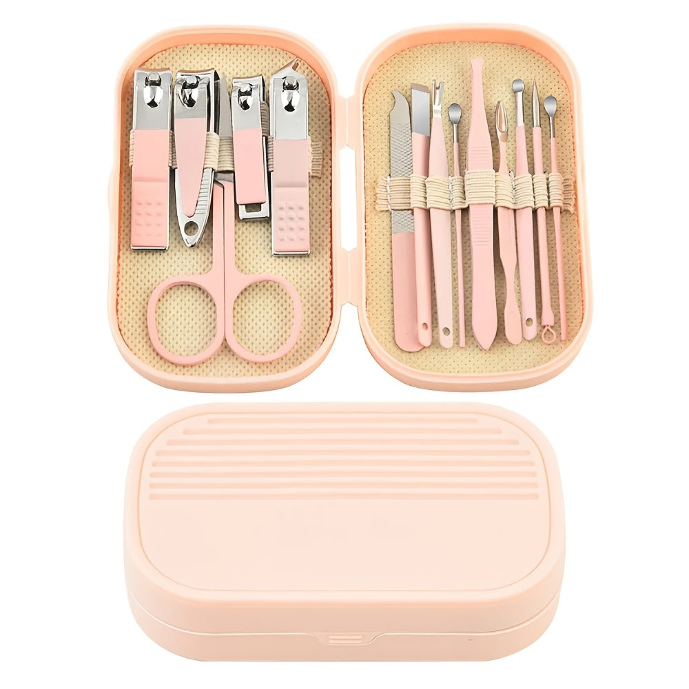 14pcs Luxury Travel-Friendly Manicure & Pedicure Kit with Pink & Blue Stainless Steel Nail Clippers, Ear Scissors