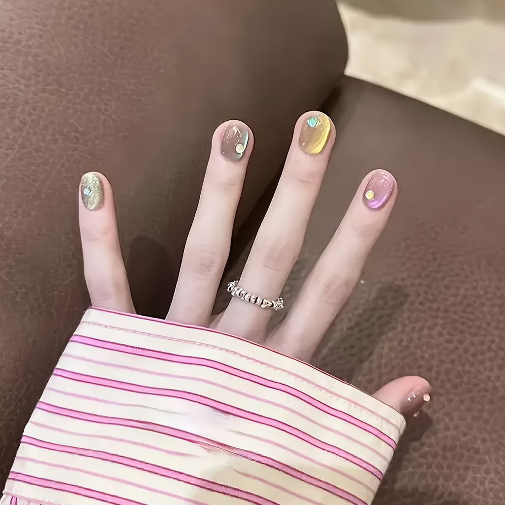 10pcs Handmade Summer Rainbow Mermaid Nail Stickers - High-Quality, Wearable Press-On Nails with Pastel Colors & Sparkling Accents