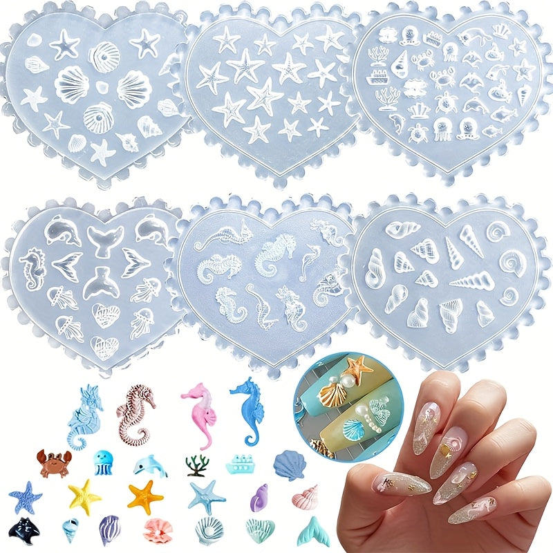 6pcs 3D Nail Art Molds, Clear Ocean Silicone Nail Molds Art Silicone Mold with 103 Sea Charm Resin Seahorse Template Mould