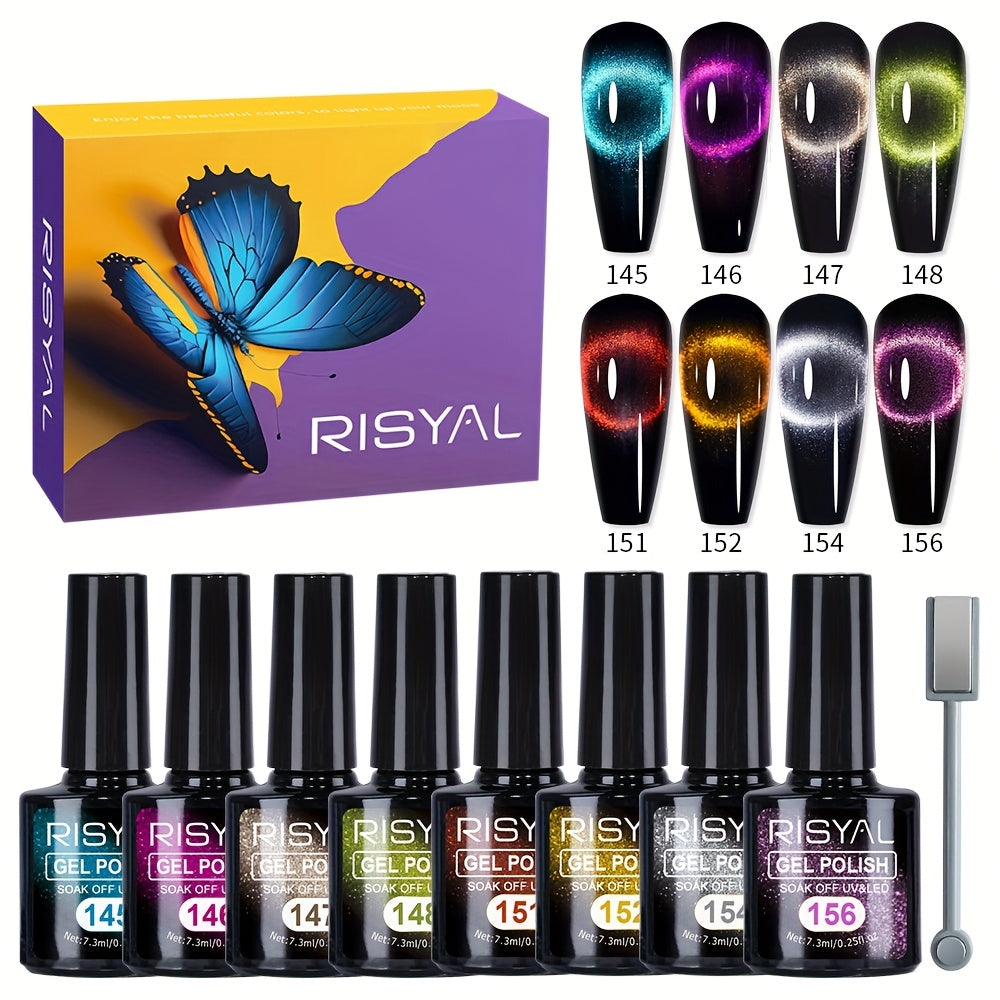 RISYAL Magnetic Cat Eye Nail Polish Gel Nail Polish Gel Nail Polish Light Gel 8 Color Set Black Hole Cat Eye Each 0.25oz