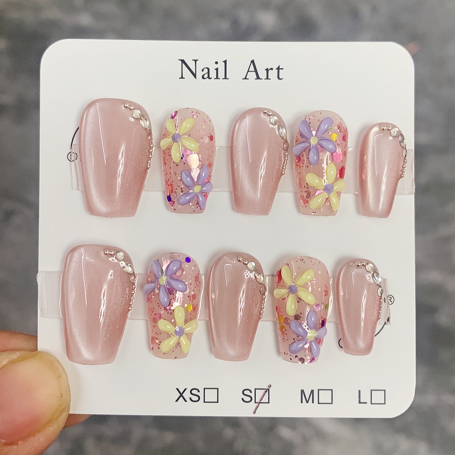 10pcs Soft Nude Pink Pure Handmade Wearable Nails with Freshly Painted 3D Floral Rhinestone Cat Eye Nail Stickers