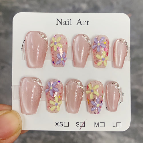 10pcs Soft Nude Pink Pure Handmade Wearable Nails with Freshly Painted 3D Floral Rhinestone Cat Eye Nail Stickers