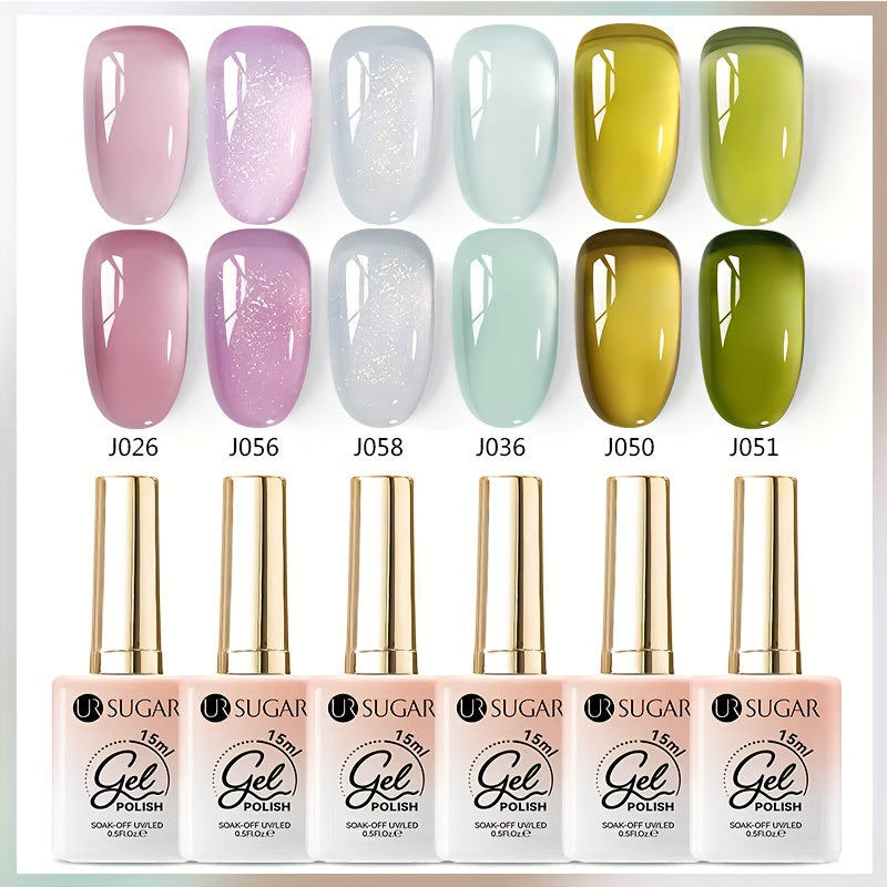 UR SUGAR 6pcs 0.51oz Clear Purple Green Color Jelly Gel Nail Polish Spring Glitter Gel Varnish Soak Off LED Lamp Gel Polish for Home Salon Manicure Nail Art