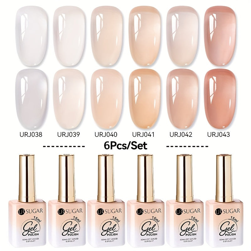 URSUGAR Nude 6-Color Gel Nail Polish Set Alcohol-Free Shimmering Clear Jelly Gel for Manicure DIY Design Perfect for Holiday Gift Nail Art Supplies Nude Nail Polish Jelly Gel Texture Nail Polish Set