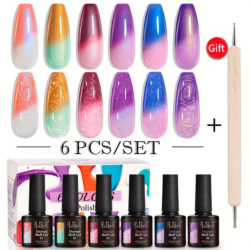 AWStorG 6pcs\u002FSet Thermal Shell Gel Nail Polish Color Temperature Changing Gel Polish Semi Permanent Auroras Glitter Soak Off Gel