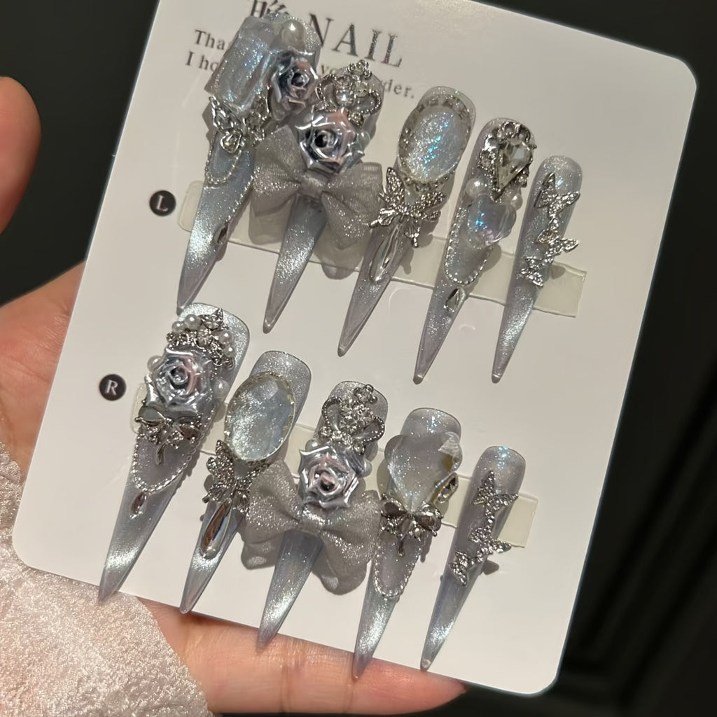 10pcs Elegant White Moon & Rose Rhinestone Bowknot Long Stiletto Press-On Nails - Sparkling Synthetic Gemstones
