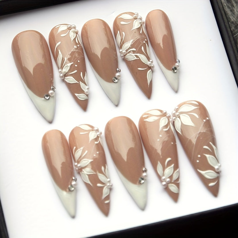 10pcs Set of Pure Handmade Wearable Nails That Can Be Reused Multiple Times, Elegant White Nude Color French Nail Art